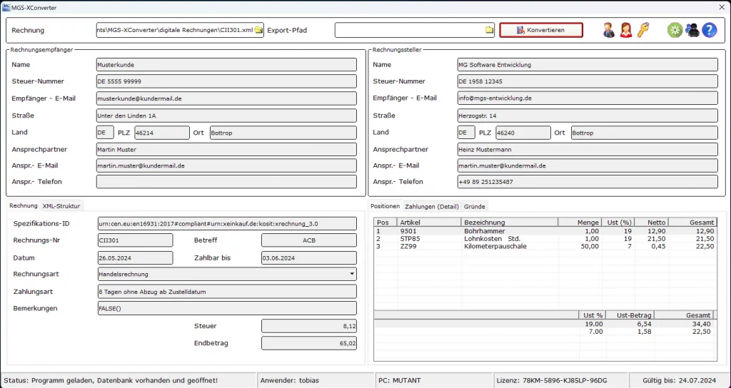 Eingelesene Rechnung
